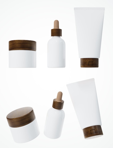 Different views of cream jar with wooden cap serum dropper bottle and cosmetic tube 3D render cosmet