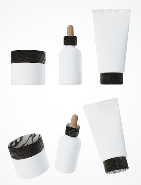 Different views of cream jar with wooden cap serum dropper bottle and cosmetic tube 3D render cosmet