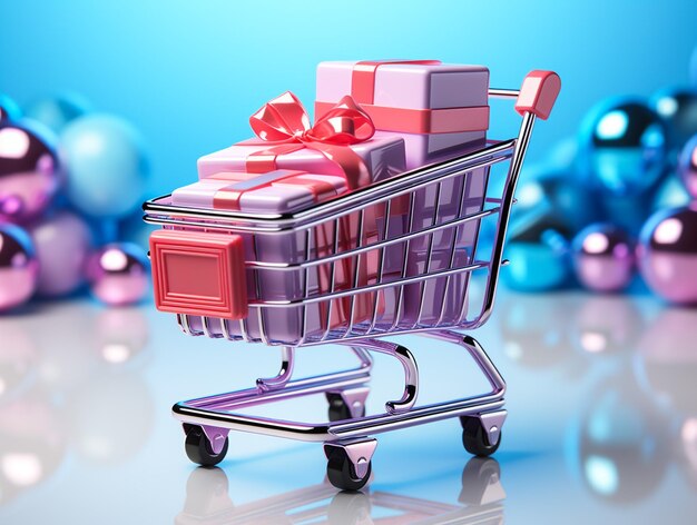 Different views of shopping cart full of gift boxes and paper bags on orange background