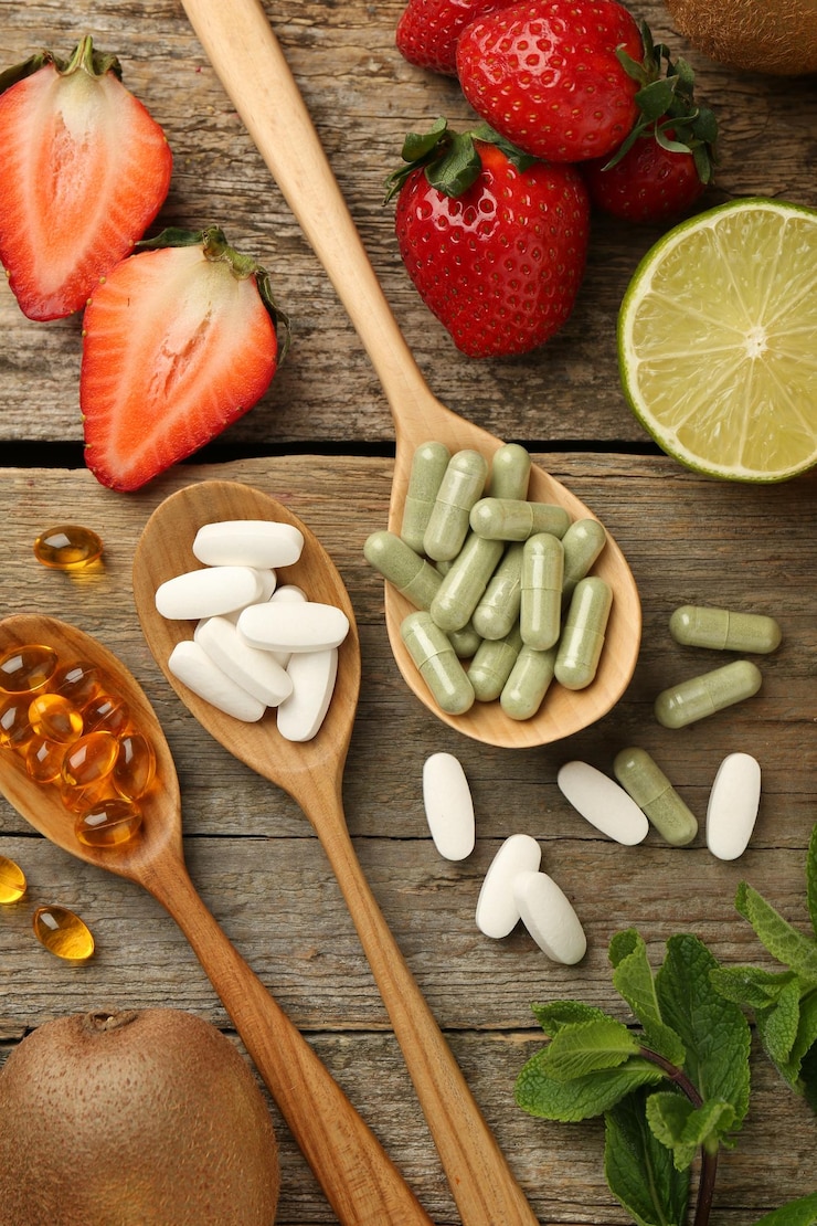 Photo different vitamin pills and fresh fruits on old wooden table flat lay