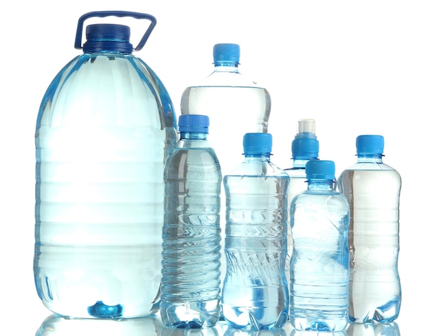 Different water bottles isolated on white