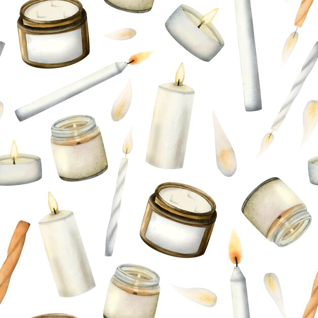 Different watercolor candles seamless pattern on white background White orange burning candles