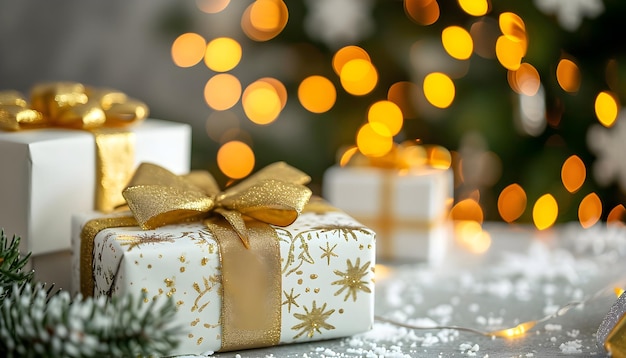 different white presents gift boxes with gold ribbon and glitter on wooden table on bokeh lights