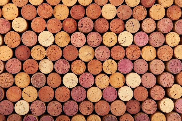 Different Wine bottle corks, top view. Many cork stoppers of white and red wine.