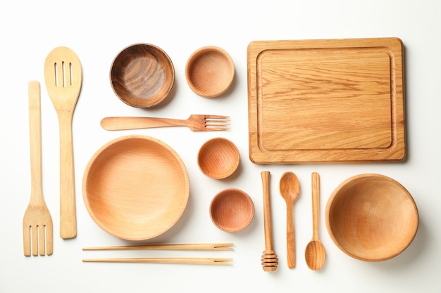 Different wooden dishes isolated