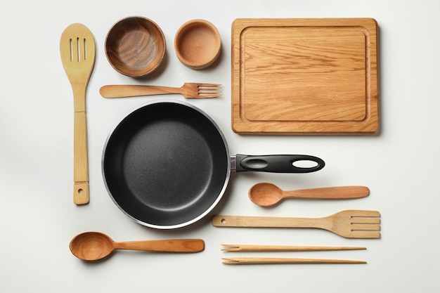 different wooden dishes on white