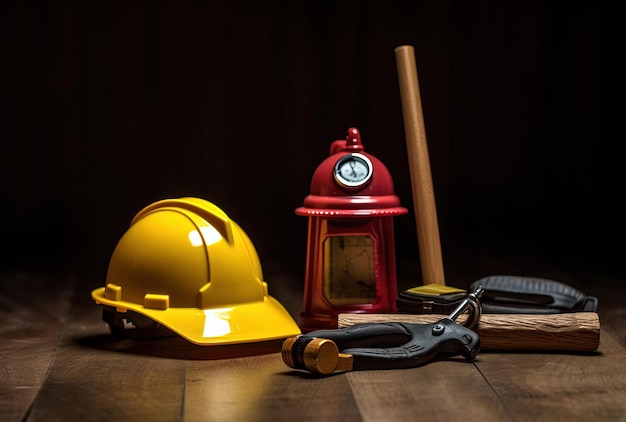 different work tools including a construction helmet lying on wood in the style of minimalist