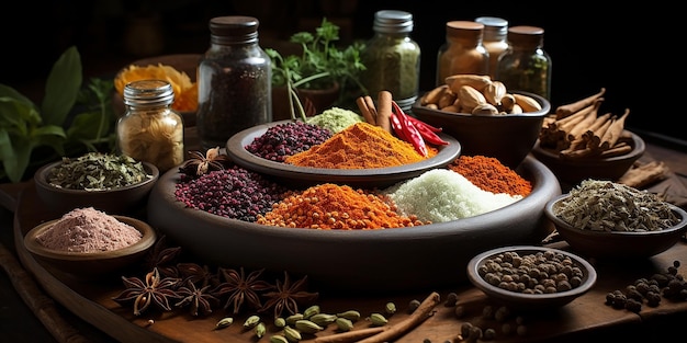 Diffrent types of colorfull spices and grinding tools on a wooden table