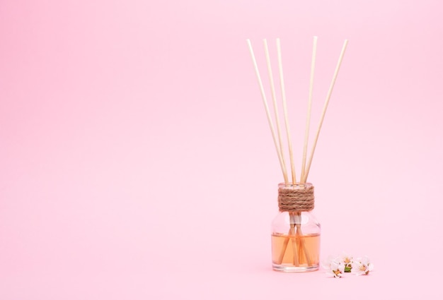 Diffuser Aromatic oil with Reed Sticks on a pink background