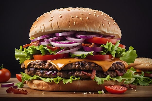 Гамбургер-сэндвич с диг-сэндвичем, гамбургером с говяжьим красным луком, помидорами и жареным беконом
