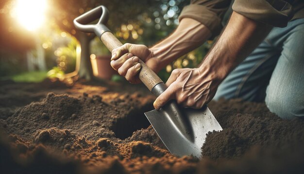 Photo digging a hole with a spade a spade slices into the soil carving out a space for a new plant