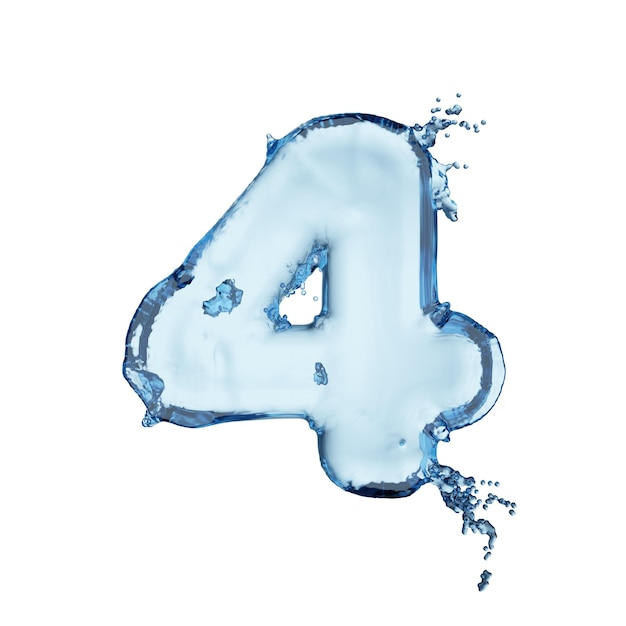 Foto digito 4 alfabeto blu di spruzzi d'acqua isolato su sfondo bianco illustrazione di rendering 3d