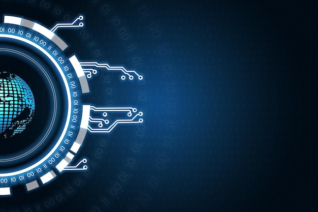 Digitaal aardebolhologram Lichtgevende ring en moederbordcontacten Virtuele realiteit en mondiaal netwerkconcept 3D-rendering