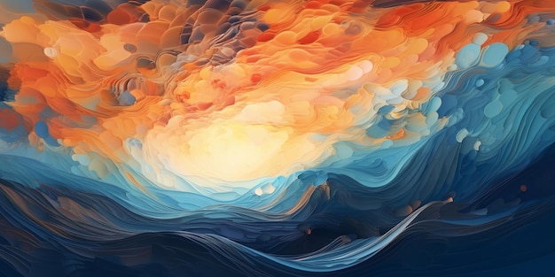 Digitaal behang met abstracte golven in een boeiende combinatie van blauwe en oranje kleuren die een visueel dynamische en energieke compositie creëren Generative Ai