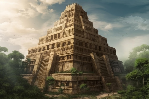 Digitaal fantasieschilderij van een enorm oud tempelgebouw 3D illustratie Generatieve AI