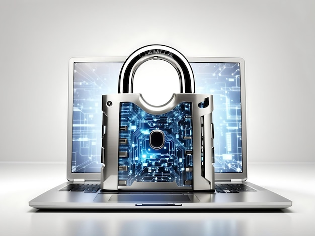 Digitaal hangslot voor een laptopcomputer als concept voor cyberbeveiliging en gegevensbescherming