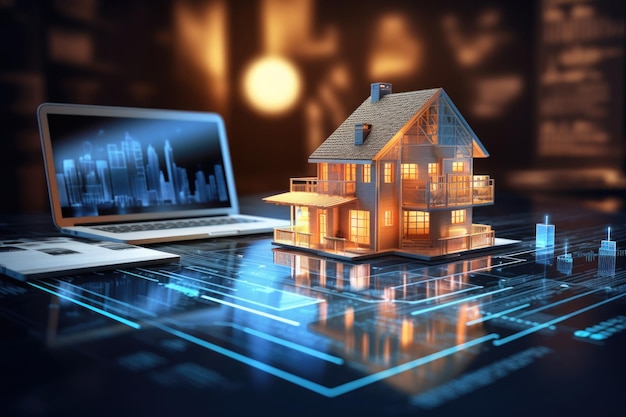 Digitaal project van een woongebouw Huis hologram Virtuele blauwdruk van een slim huis