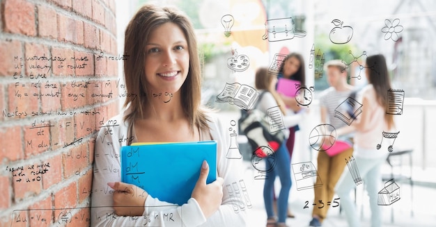 Foto digitaal samengesteld beeld van wiskundige vergelijking met vrouwelijke student op de achtergrond