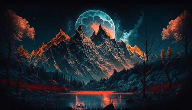 Digitaal schilderen van bergen met de maan op de achtergrond, creatieve ai