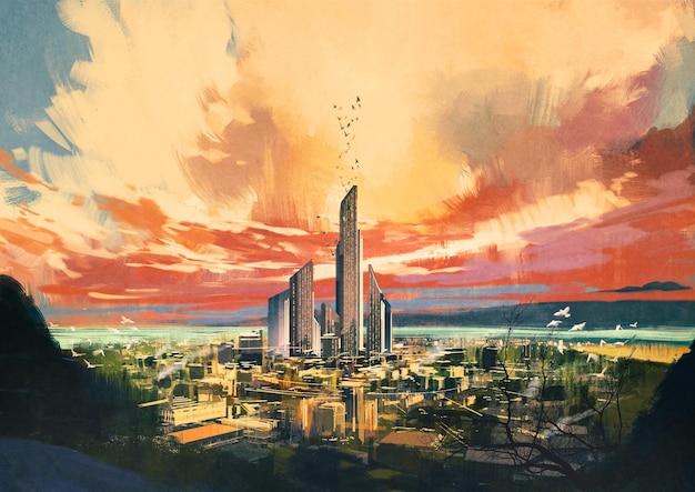 digitaal schilderen van futuristische sci-fi stad met wolkenkrabber bij zonsondergang, illustratie
