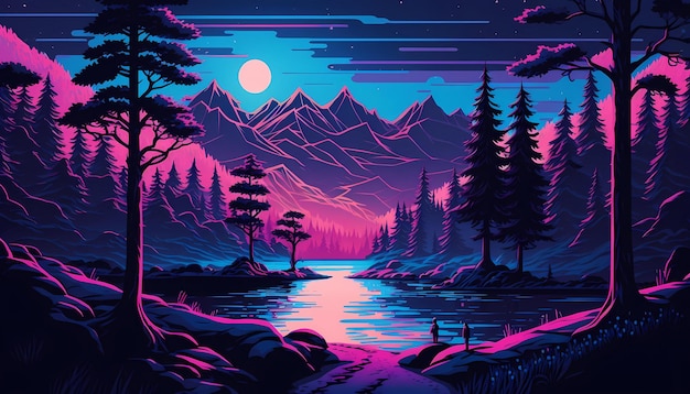 digitaal schilderen van synthwave retrowave landschap zonsondergang