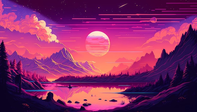 digitaal schilderen van synthwave retrowave landschap zonsondergang