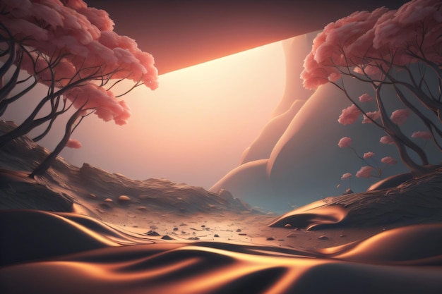 Digitaal schilderij van een landschap met roze bomen en de zon die aan de horizon schijnt met generatieve ai