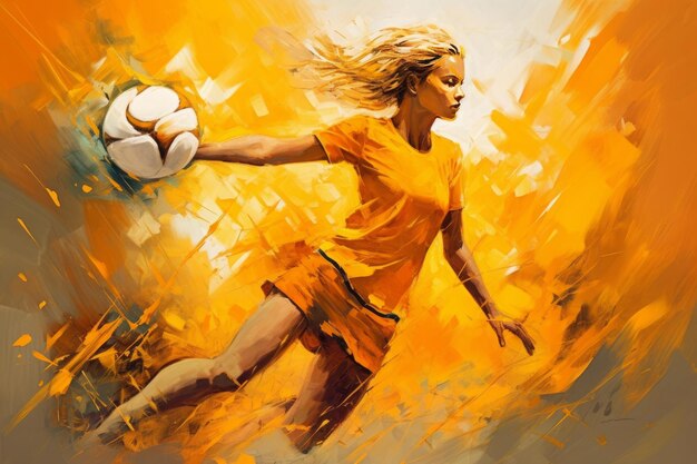 Digitaal schilderij van een vrouwelijke volleyballer in gele kleuren Generatieve AI