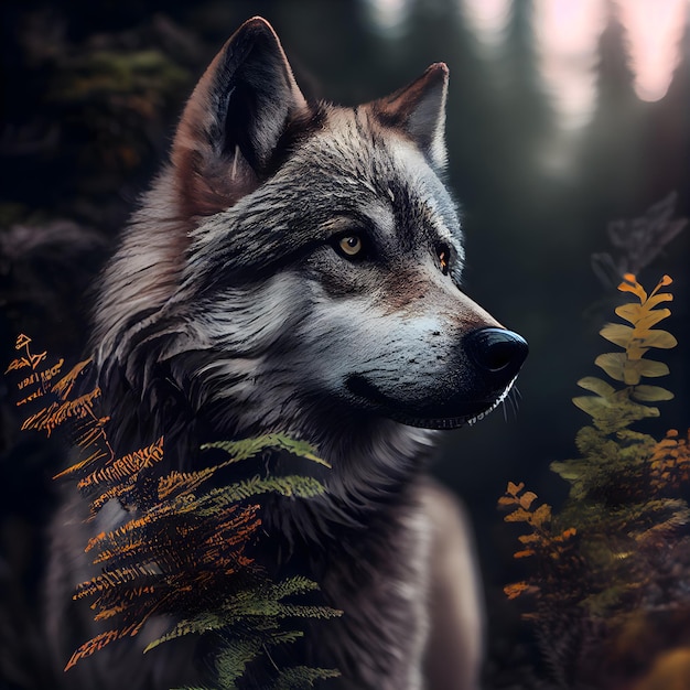 Digitaal schilderij van een wolf in het bos met varens