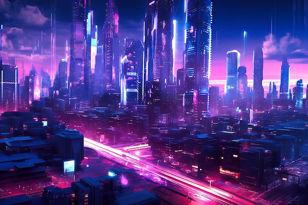 Digitaal stadszicht met neonlichten