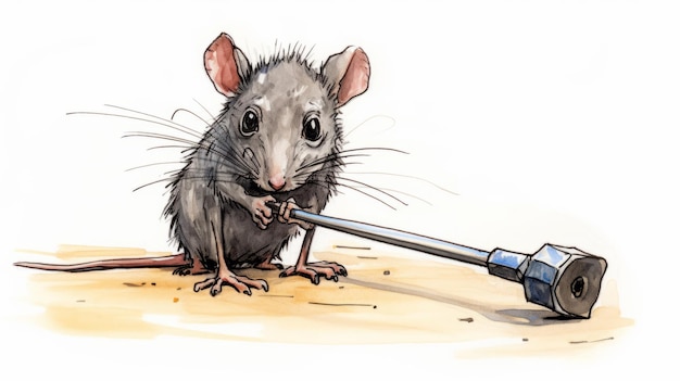 Digitaal verbeterde cartoon schets van een rat met een schroevendraaier