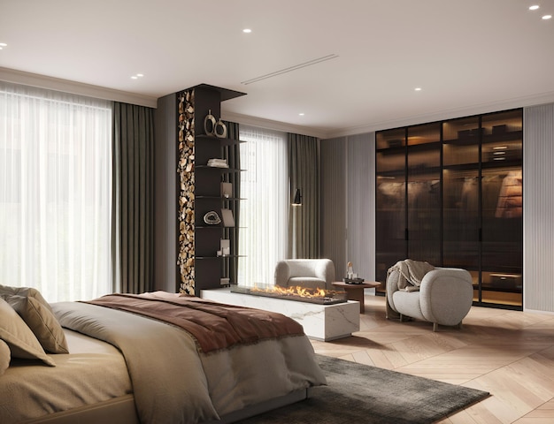 Digitaal weergegeven afbeelding van een luxe slaapkamer met open haard en kledingkast
