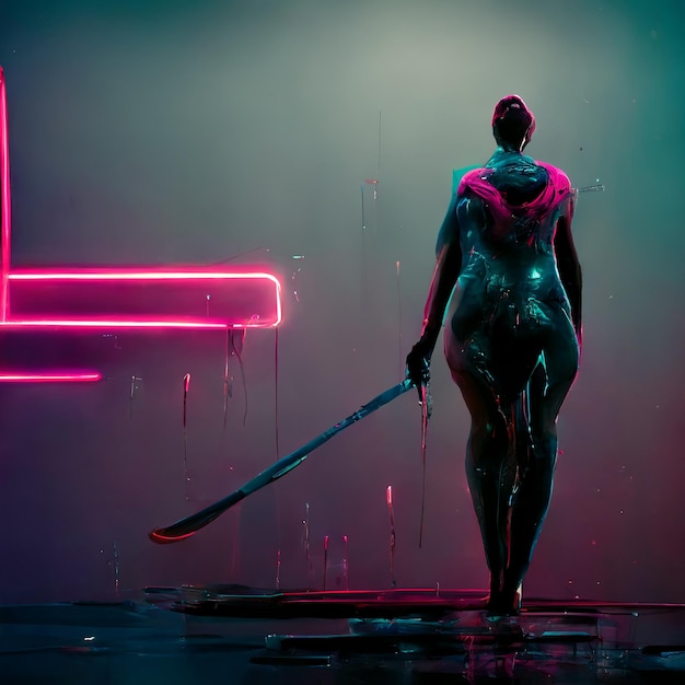 Digital 3D abstract figurative illustration in futuristic Neonoir style