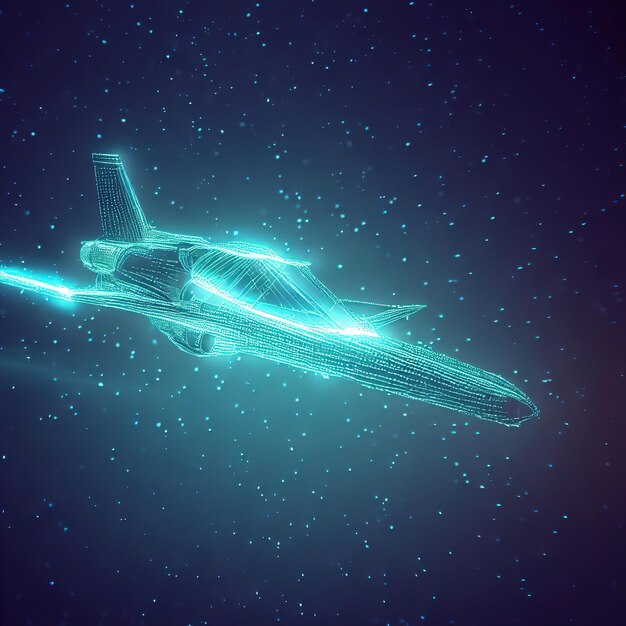 사진 디지털 3d 비행기: 파란색 배경의 항공기의 추상 터 와이어 프레임 여행 관광