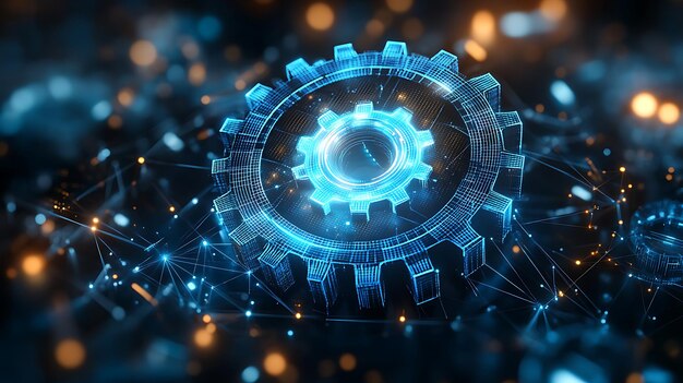 digital 3d gear icon with binary code artificial intelligence in system setting optimization