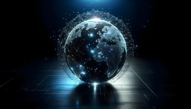 Digital 3D globe with blue connectivity lines and floating particles on a dark backdrop symbolizing