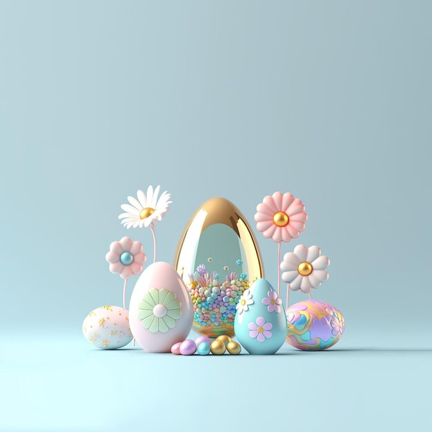 Digital 3D Illustration of Eggs and Flowers for Easter Party Background