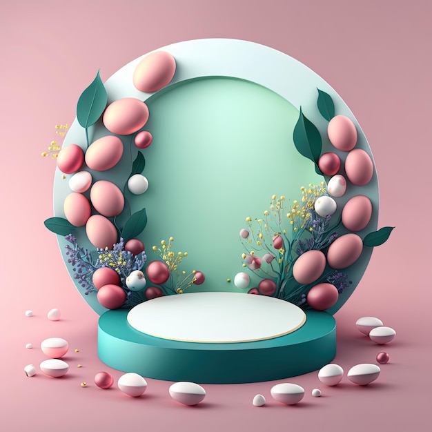 Digital 3D Illustration of a Podium with Easter Eggs Flowers and Leaves Decoration