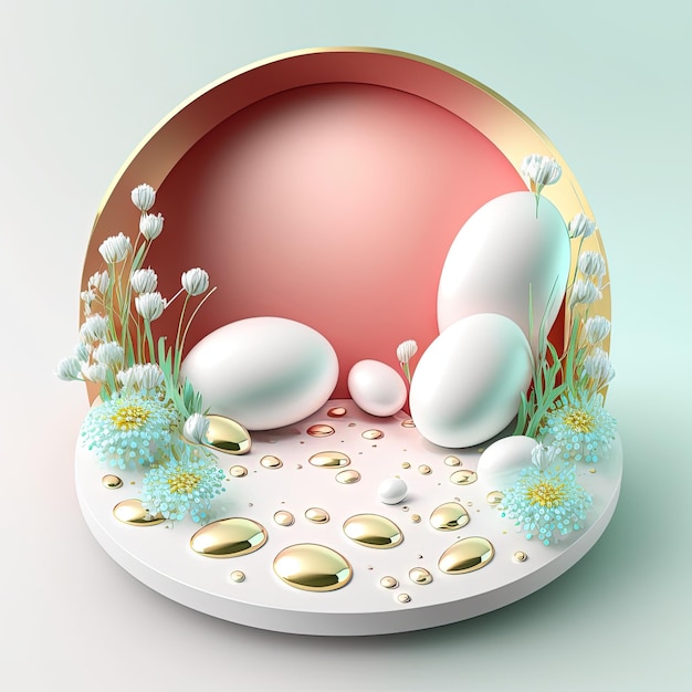 제품 디스플레이를 위한 계란 꽃과 단풍 장식품이 있는 연단의 디지털 3D 일러스트레이션