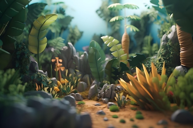 A digital 3d model of a tropical forest with plants and a flag on it.