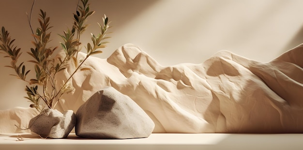 Цифровая 3D-модель белого камня, украшенная растениями, демонстрирует драматическое освещение Генеративный ИИ