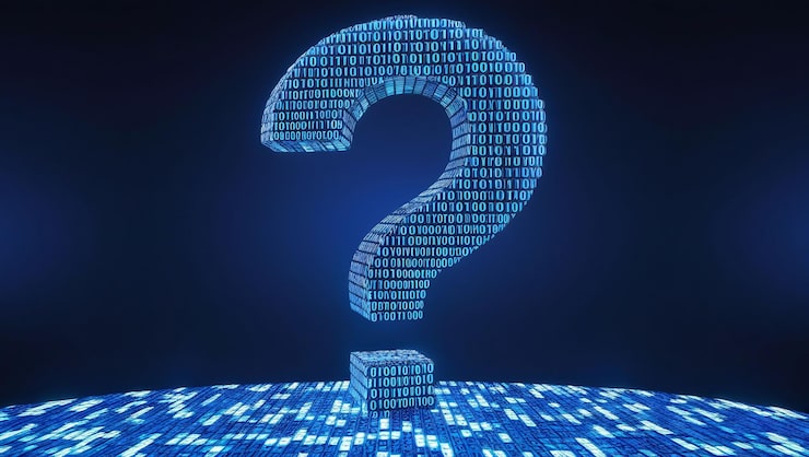 Фотография цифровой 3d вопросительный знак с двоичным кодом ai в вопросе системы ответа алгоритмы обработки естественного языка платформы поиска информации и персонализированная помощь знания