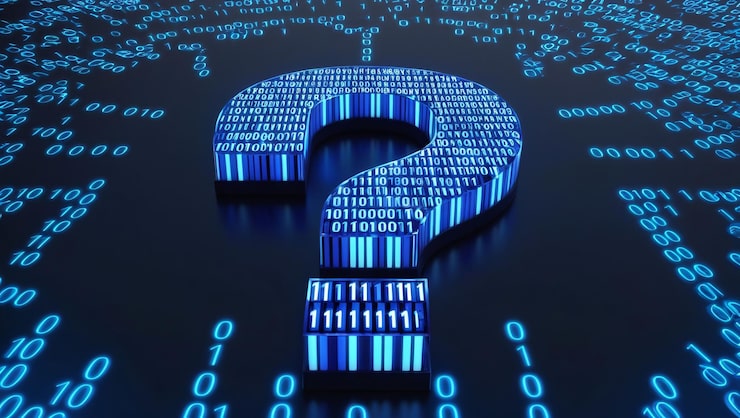 Фотография цифровой 3d вопросительный знак с двоичным кодом ai в вопросе системы ответа алгоритмы обработки естественного языка платформы поиска информации и персонализированная помощь знания