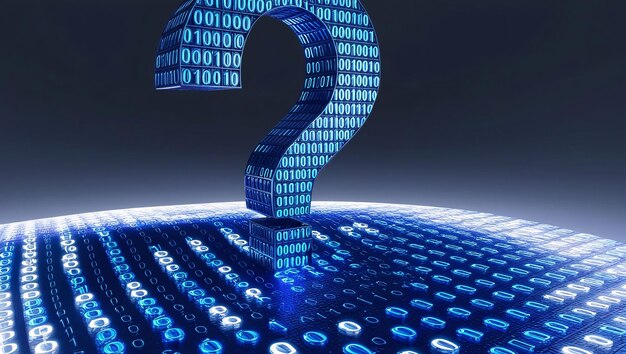 digital 3d question mark with binary code ai in question answering systems natural language processing algorithms information retrieval platforms and personalized knowledge assistance