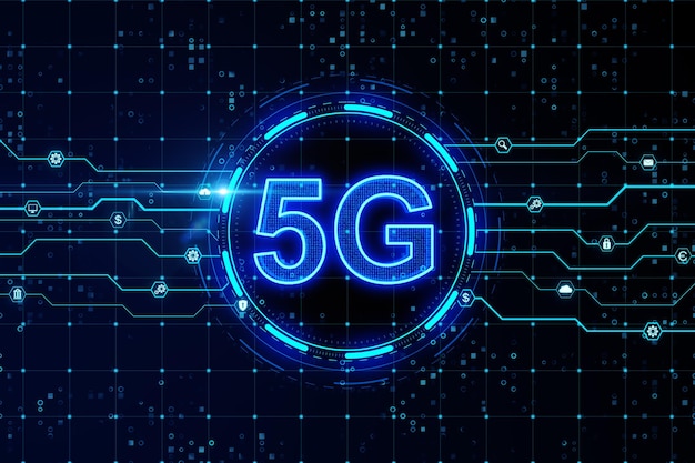 5G サーキットボードにデジタルシンボルが輝く 技術的な接続コンセプト 3D レンダリング