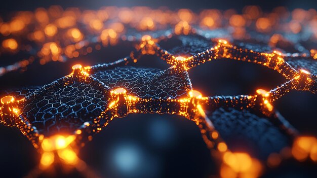 a digital abstract representation of nanotechnology showcasing carbonbased hexagonal forms glowing with energy