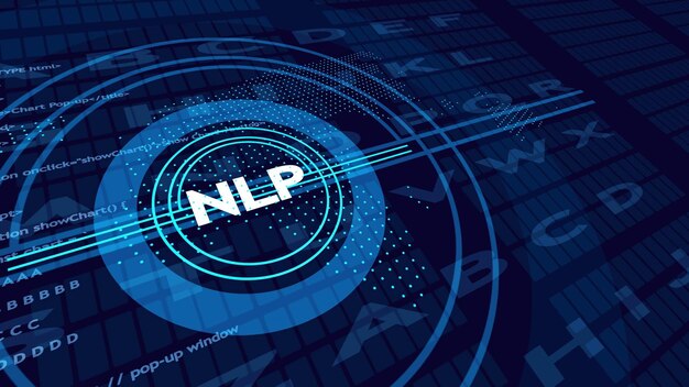 Digital abstract with NLP text and code snippets on a blue grid background natural language processing