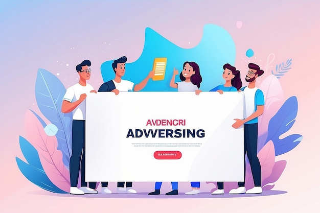 Digital advertising team holding blank banner marketing teamwork character design for landing page