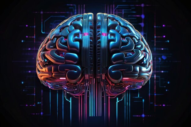 Digital AI electronic brain Metallic with neon light neural data storage machine
