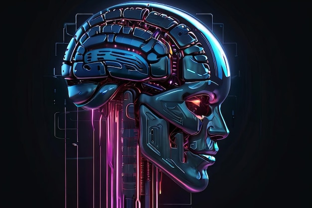 Digital AI electronic brain Metallic with neon light neural data storage machine